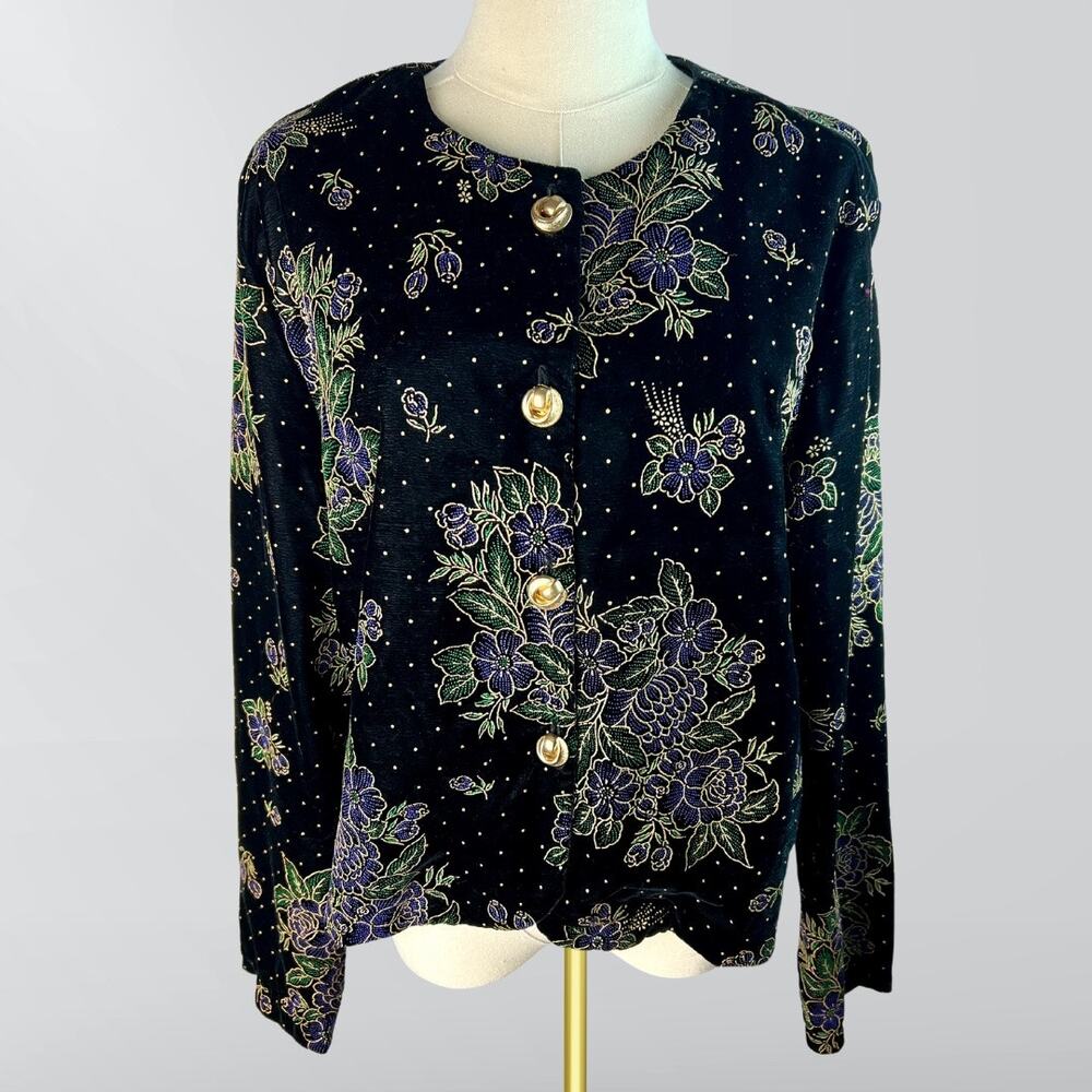 Joanna Vintage 80s Black Velour Floral Embroidered Button Up Blazer Jacket